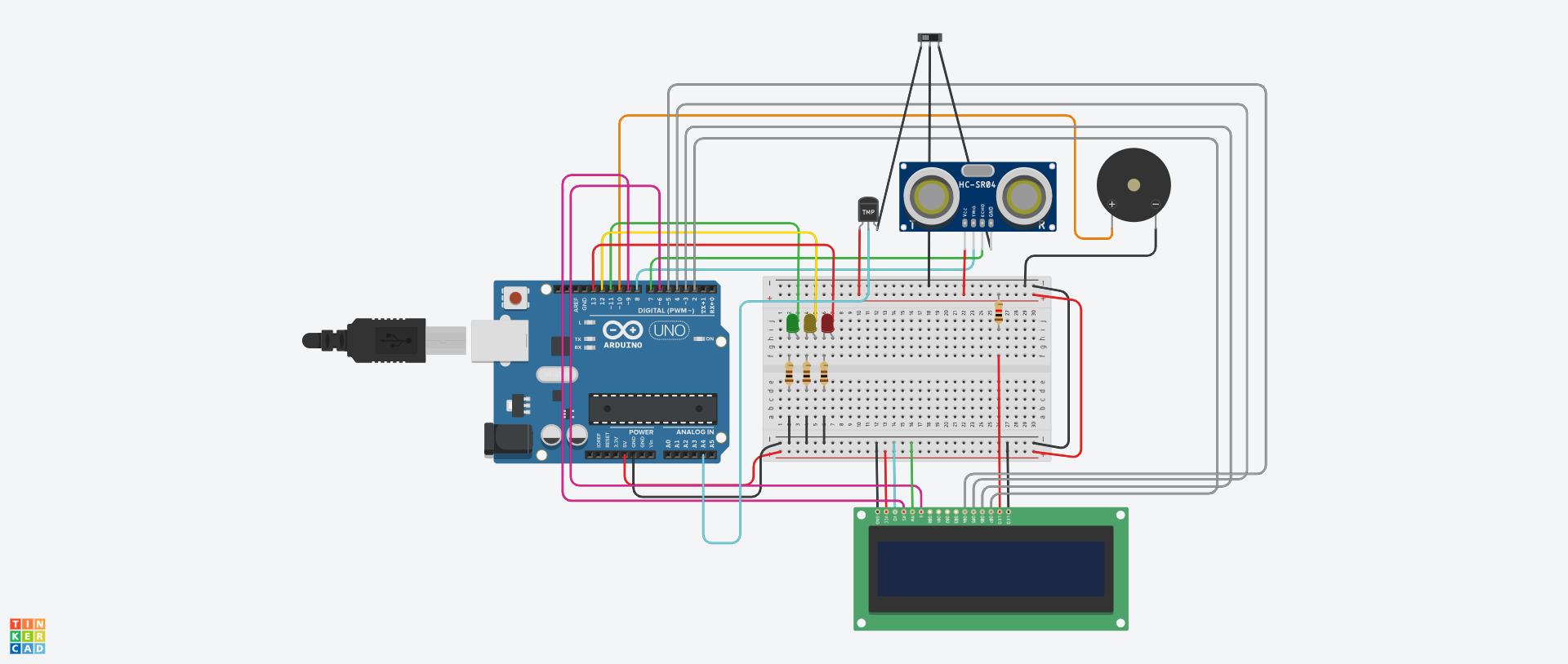 Protovid final circuit diagram showing the Arduino, distance sensor, temperature sensor, display, LEDs, and buzzer